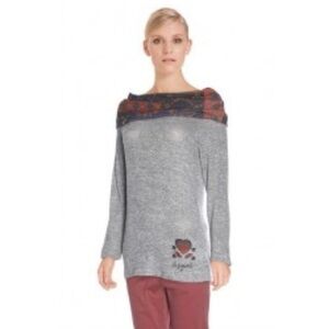 Desigual Heathered Gray Wide neck Cowl Neck Sweater with Patterned Collar